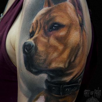 Татуировка женская реализм на плече собака