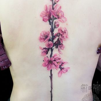 Татуировка женская реализм на спине веточка с цветами вишни