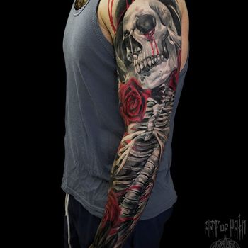 Татуировка мужская black&grey тату-рукав скелет