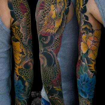 Татуировка мужская япония тату-рукав дракон и цветы