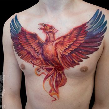 Татуировка мужская фентези на груди феникс