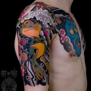 Татуировка мужская япония на плече лягушка