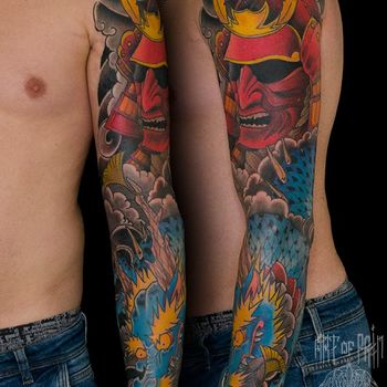 Татуировка мужская япония тату-рукав дракон и доспехи