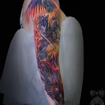 Татуировка женская фентези на тату-рукав всадник и дракон