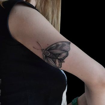 Татуировка женская графика на руке с внутренней стороны мотылек