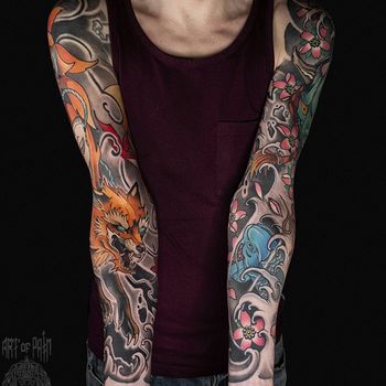 Татуировка мужская япония тату-рукава карп, маска, сакура, кицуне