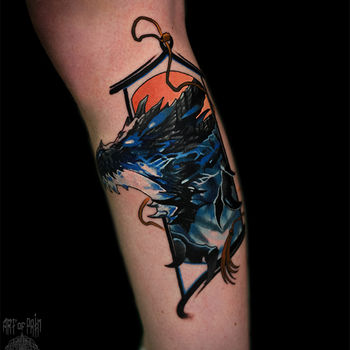 Татуировка мужская фентези на голени дракон