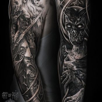 Татуировка мужская фентези тату-рукав монстр и девушка-воин