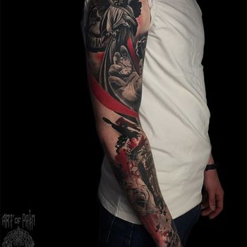 Татуировка мужская реализм тату-рукав ангел, рука, часы, девушка
