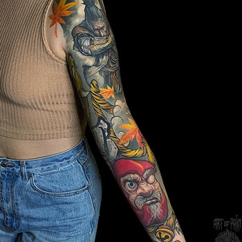 Татуировка женская япония тату-рукав самурай, тигр, дарума