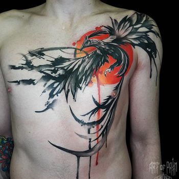 Татуировка мужская акварель на груди феникс