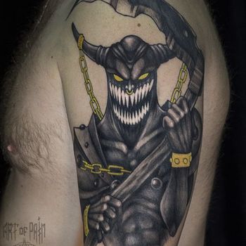 Татуировка мужская фентези на плече демон с косой