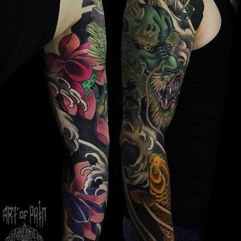 Татуировка мужская япония тату-рукав дракон, цветы и карп