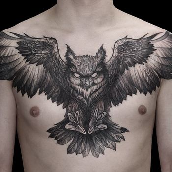 Татуировка мужская графика на груди филин