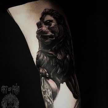 Татуировка мужская black&grey на руке лев