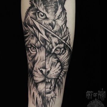 Татуировка женская графика на предплечье лев, тигр и сова
