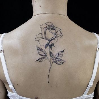 Татуировка женская графика на спине цветок розы