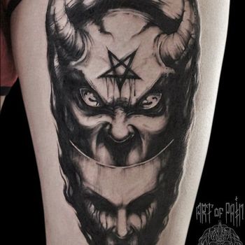 Татуировка мужская графика на предплечье дьявол