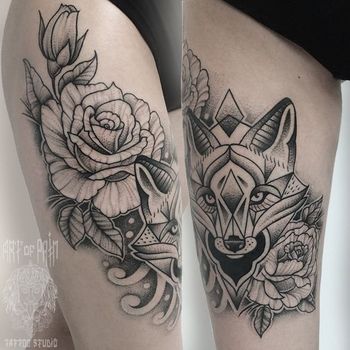 Татуировка женская графика на бедре лиса в цветах