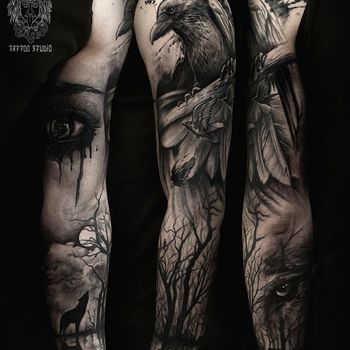 Татуировка мужская black&grey тату-рукав ворон, глаз, лес, волк
