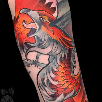 Татуировка мужская япония на предплечье феникс