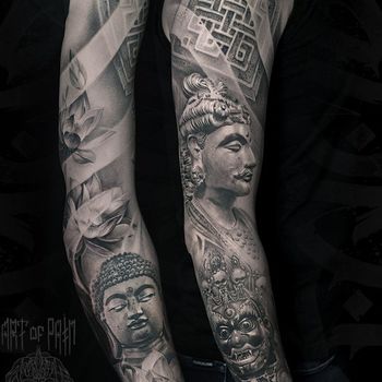 Татуировка женская реализм тату-рукав Будда, боги, лотосы, орнамент