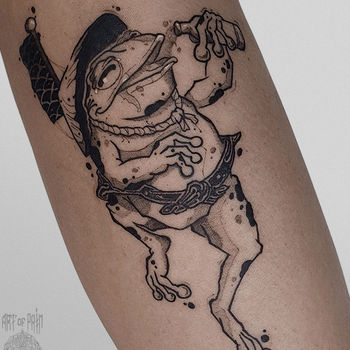 Татуировка женская графика на голени лягушка