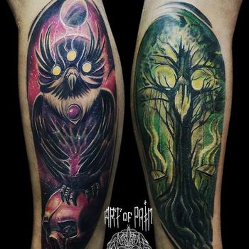 Татуировка мужская хоррор на икре дерево