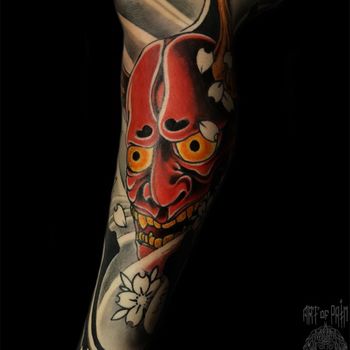 Татуировка мужская япония на голени ханья