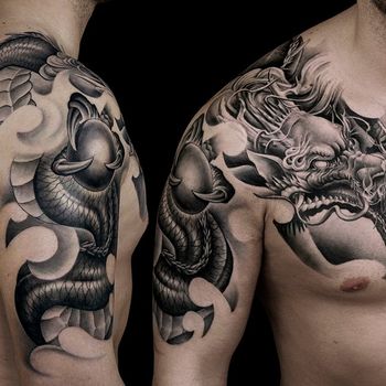 Татуировка мужская реализм на плече дракон