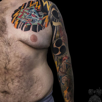 Татуировка мужская япония тату-рукав Они и Ханья