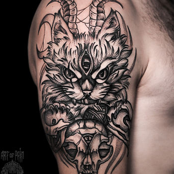 Татуировка мужская графика на плече кот и череп