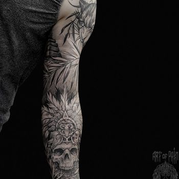 Татуировка мужская графика тату-рукав пума и череп 