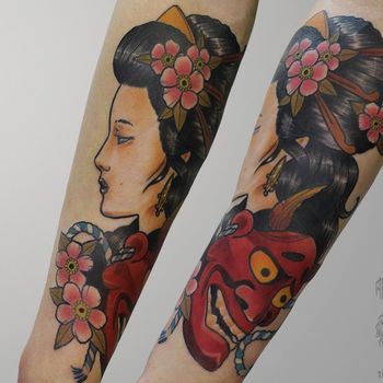 Татуировка мужская япония на предплечье гейша и ханья