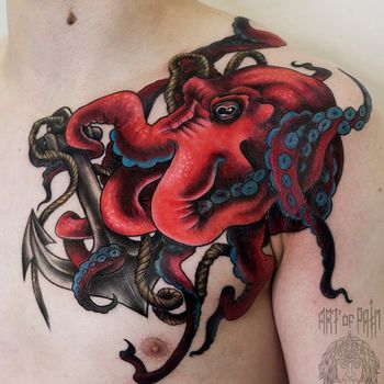 Татуировка мужская нью-скул на плече осьминог