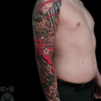 Татуировка мужская япония тату-рукав дракон, маска