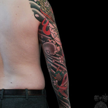 Татуировка мужская япония тату-рукав дракон, маска, вид сзади