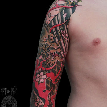 Татуировка мужская япония на плече дракон и цветы