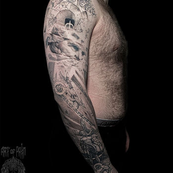 Татуировка мужская реализм тату-рукав человек, ангел, статуя, философия
