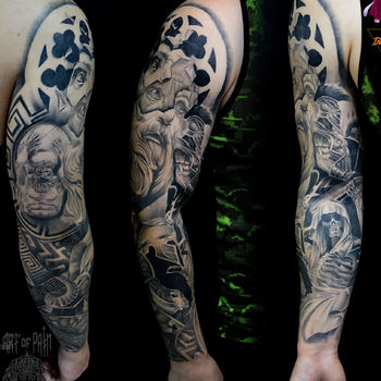 Татуировка мужская реализм тату-рукав статуя и смерть