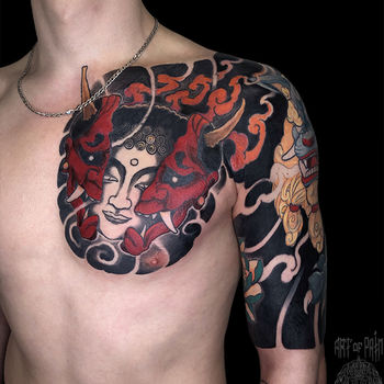 Татуировка мужская япония на плече Будда, Они