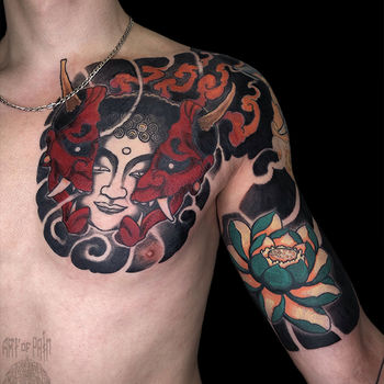 Татуировка мужская япония на груди Будда, Они, лотос