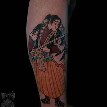 Татуировка мужская япония на голени самурай