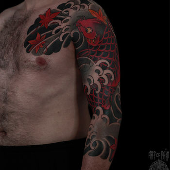Татуировка мужская япония тату-рукав карп и кленовые листья