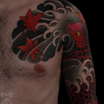 Татуировка мужская япония тату-рукав карп и кленовые листья