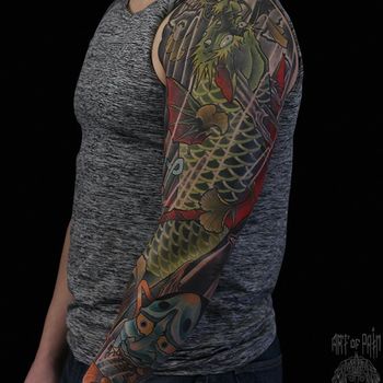 Татуировка мужская япония тату-рукав дракон и маски