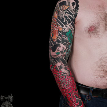 Татуировка мужская япония тату-рукав хризантемы, карп и кот