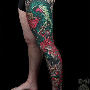 Татуировка мужская япония на ноге хризантемы, змея