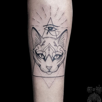 Татуировка женская графика на предплечье кот и всевидящее око