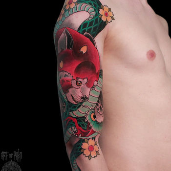 Татуировка мужская япония на плече панда и змея